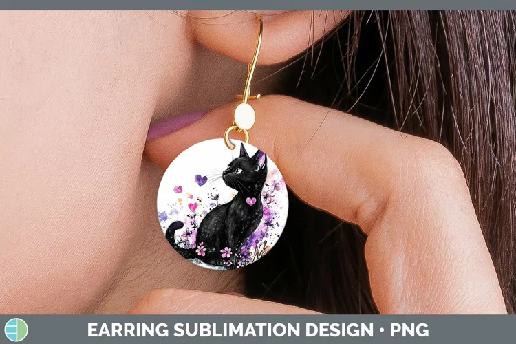 Valentine Splash Black Cat Round Earrings Sublimation Earrin