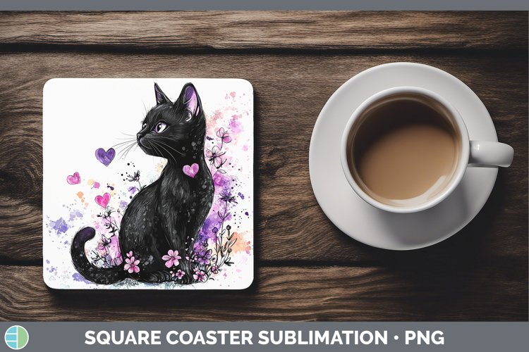 Valentine Splash Black Cat Square Coaster Sublimation Coaste