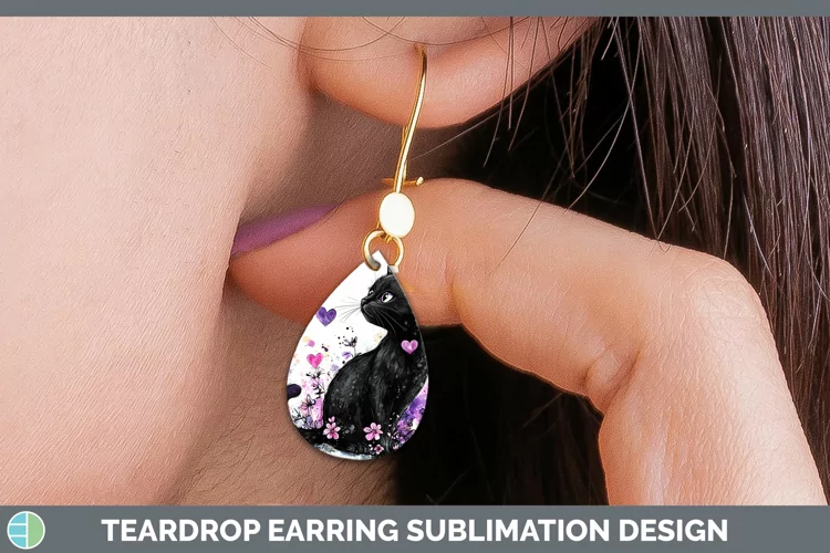 Valentine Splash Black Cat Teardrop Earrings Sublimation Ear