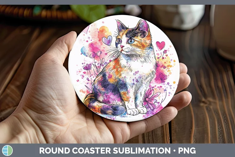 Valentine Splash Calico Cat Round Coaster Sublimation Coaste