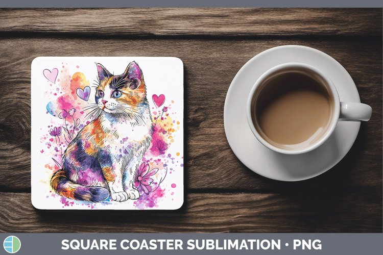 Valentine Splash Calico Cat Square Coaster Sublimation Coast
