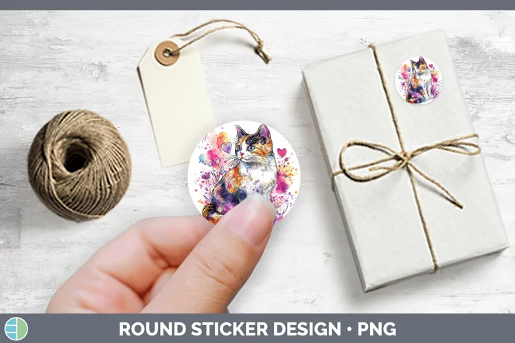 Valentine Splash Calico Cat Stickers | Round Labels Designs