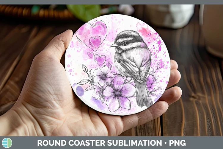 Valentine Splash Chickadee Round Coaster Sublimation Coaster