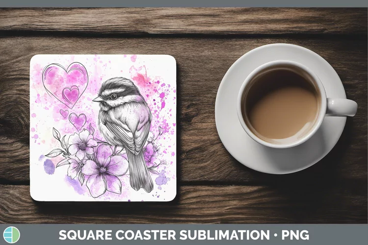 Valentine Splash Chickadee Square Coaster Sublimation Coaste