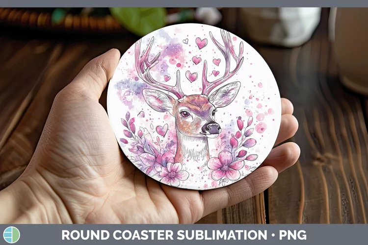 Valentine Splash Deer Round Coaster Sublimation Coaster Desi