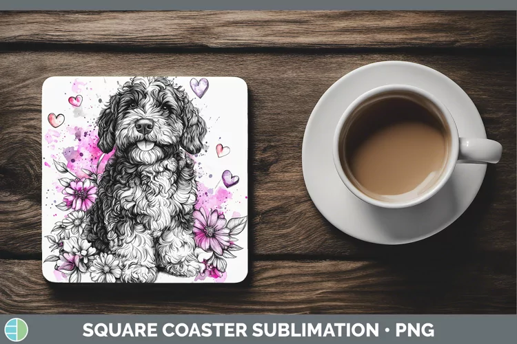 Valentine Splash Dogs Bernedoodle Dog Square Coaster Sublima