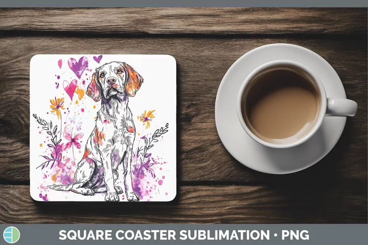 Valentine Splash Dogs Brittany Dog Square Coaster Sublimati