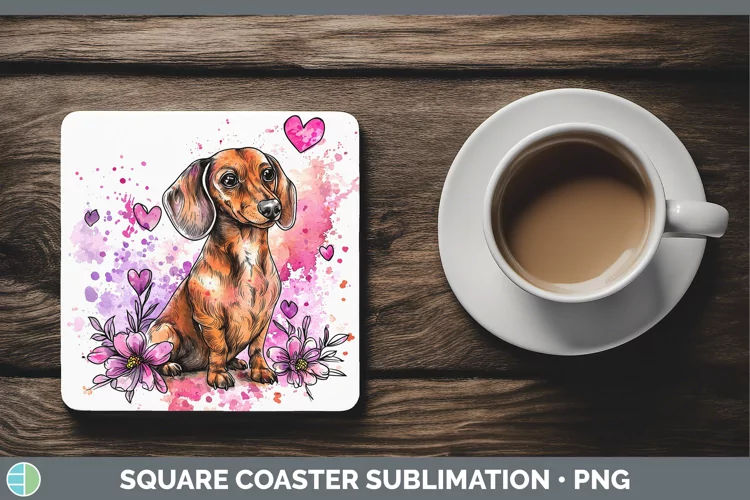 Valentine Splash Dogs Dachshund Square Coaster Sublimation C
