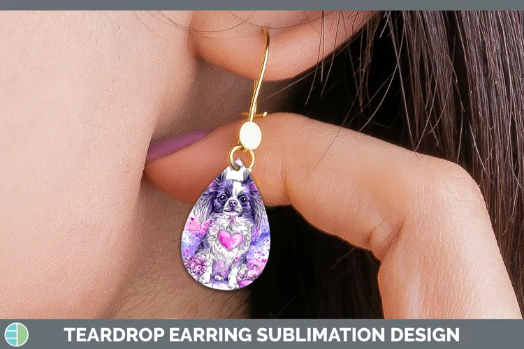 Valentine Splash Dogs Papillon Dog Teardrop Earrings Sublima