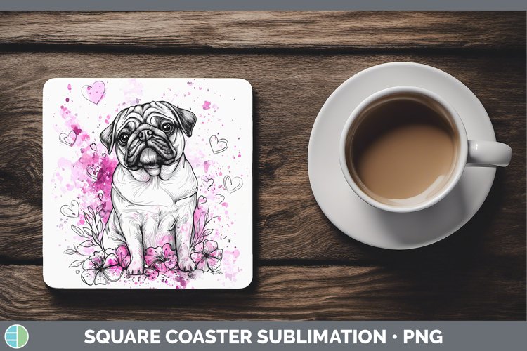 Valentine Splash Dogs Pug Square Coaster Sublimation Coaster