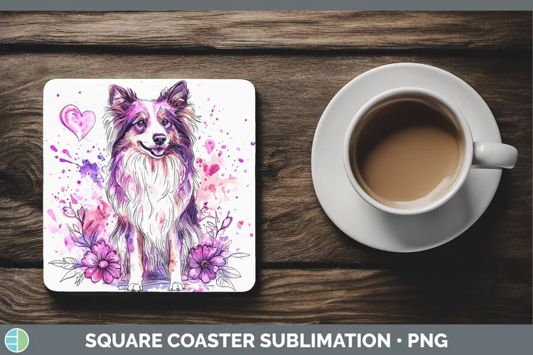 Valentine Splash Dogs Rough Collie Square Coaster Sublimatio