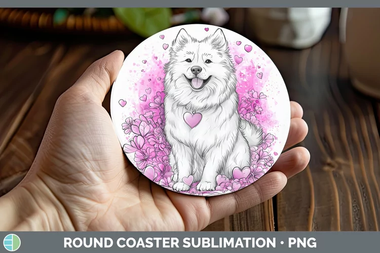 Valentine Splash Dogs Samoyed Dog Round Coaster Sublimation