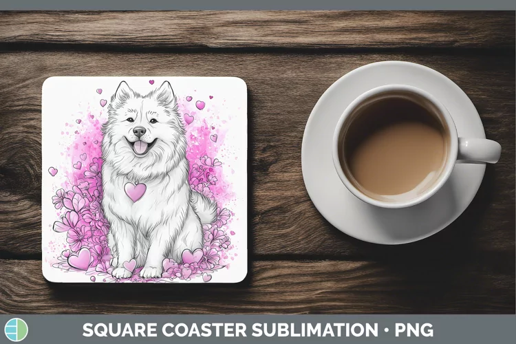Valentine Splash Dogs Samoyed Dog Square Coaster Sublimation