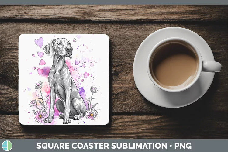 Valentine Splash Dogs Weimaraner Square Coaster Sublimation