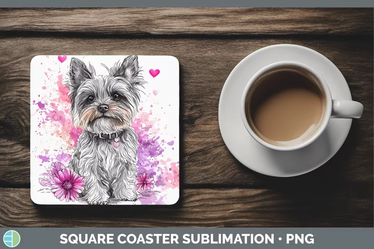 Valentine Splash Dogs Yorkshire Terrier Square Coaster Subli