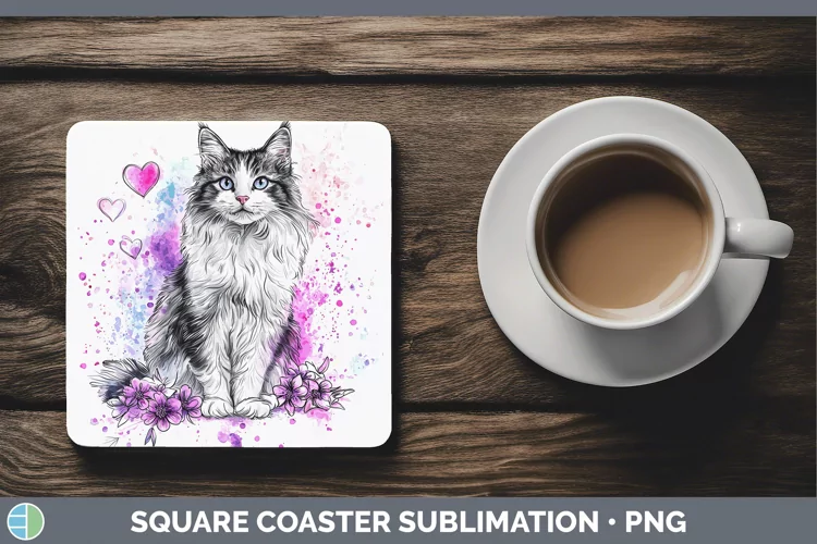 Valentine Splash Norwegian Forest Cat Square Coaster Sublima