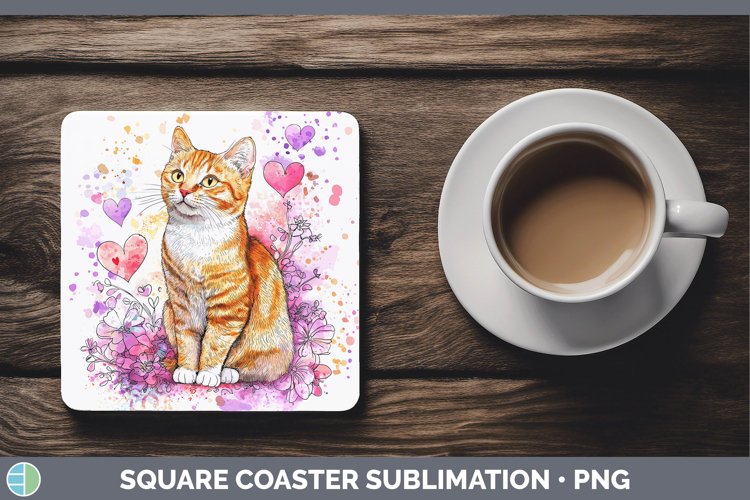 Valentine Splash Orange Cat Square Coaster Sublimation Coast