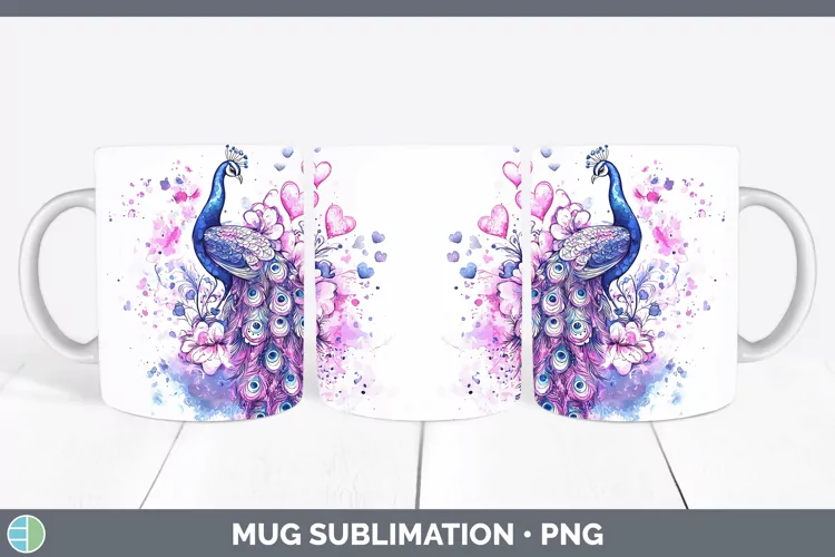 Valentine Splash Peacock Mug Wrap Sublimation Coffee Cup Des