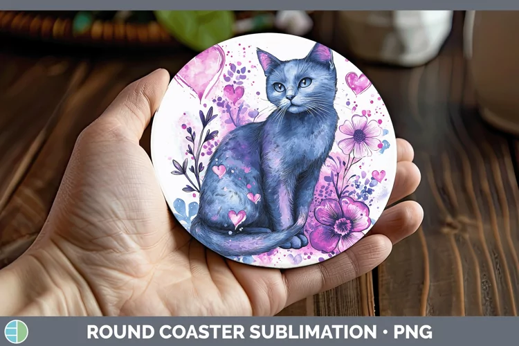 Valentine Splash Russian Blue Cat Round Coaster Sublimation