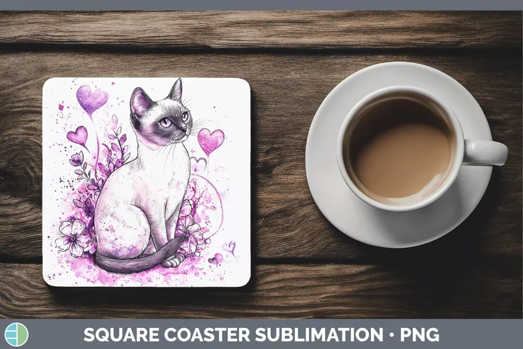 Valentine Splash Siamese Cat Square Coaster Sublimation Coas