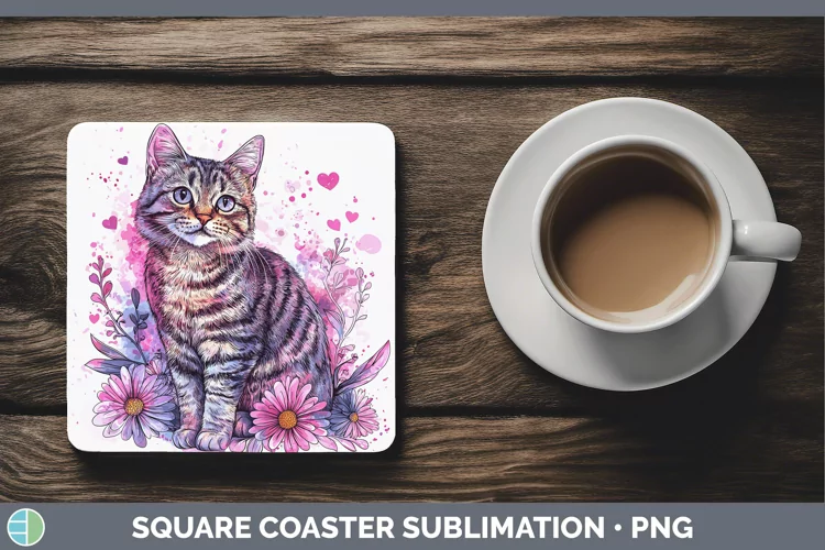 Valentine Splash Tabby Cat Square Coaster Sublimation Coaste