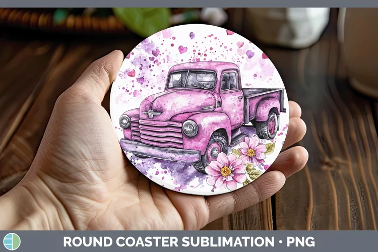 Valentine Splash Vintage Truck Round Coaster Sublimation Coa