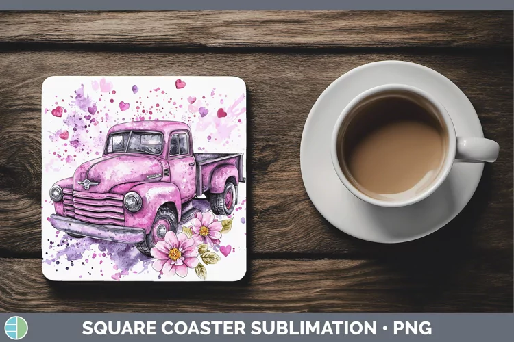 Valentine Splash Vintage Truck Square Coaster Sublimation Co