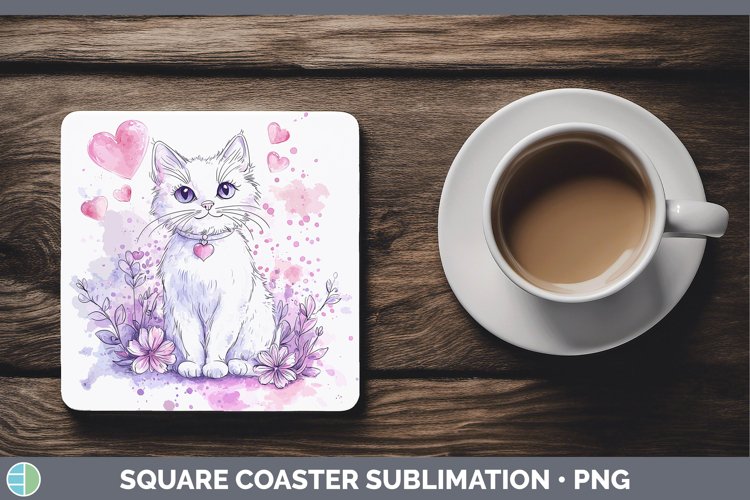 Valentine Splash White Cat Square Coaster Sublimation Coaste