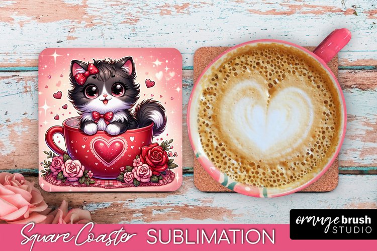 Valentine Square Coaster - Cute Cat Sublimation Design