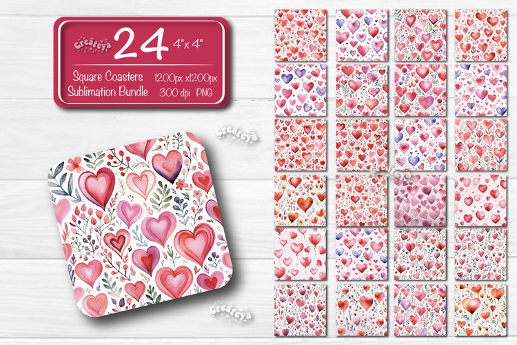 Valentine Square coaster Sublimation Bundle Heart Flower Png