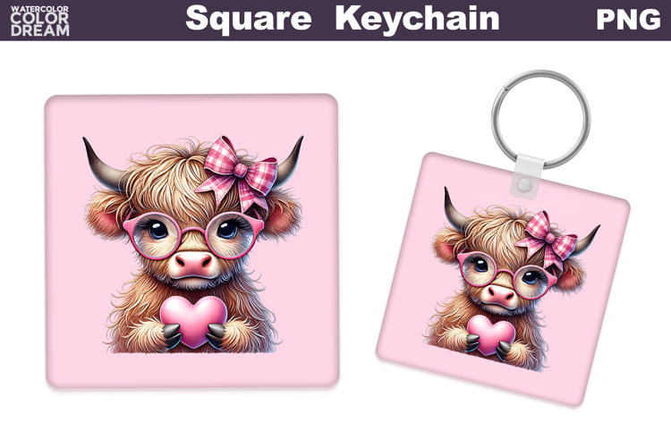 Valentine Square Keychain | Highland Cow Keychain Sublimat