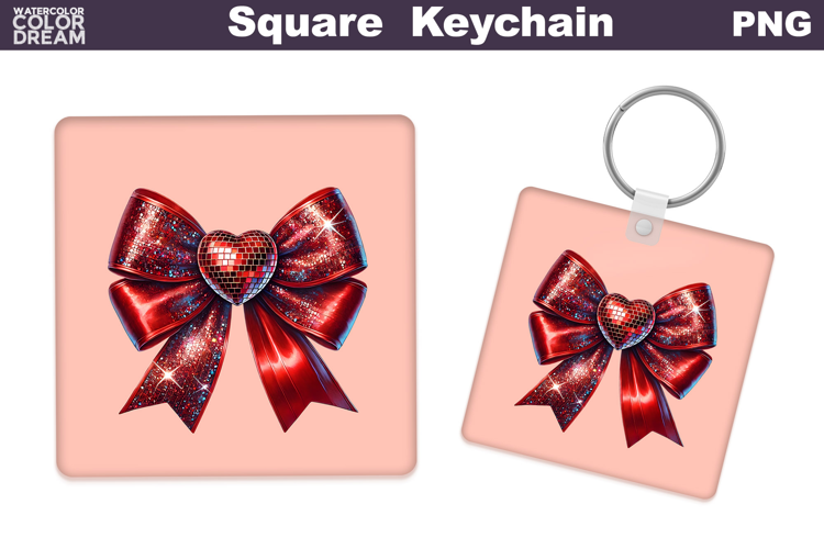 Valentine Bow Square Keychain | Sequins Red Bow Sublimation