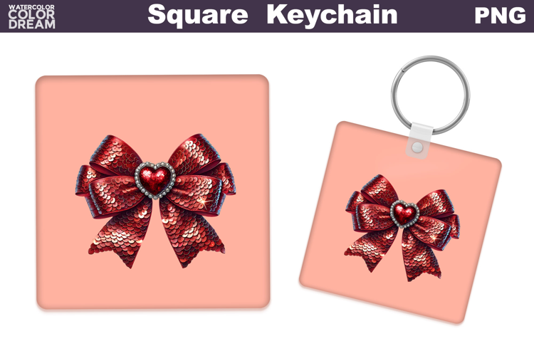 Valentine Bow Square Keychain | Sequins Red Bow Sublimation