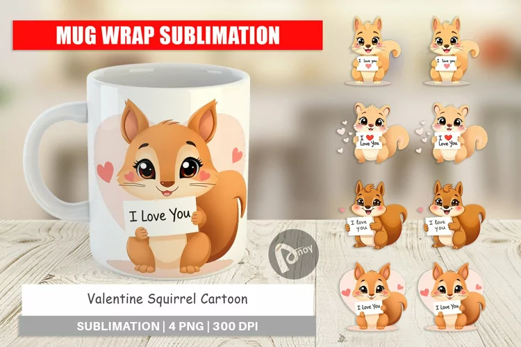 Mug Wrap Design Valentine Squirrel Cartoon