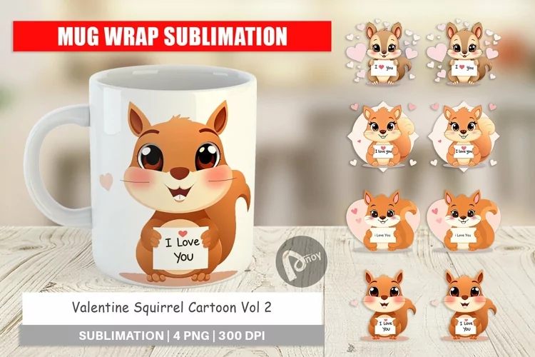 Mug Wrap Design Valentine Squirrel Cartoon