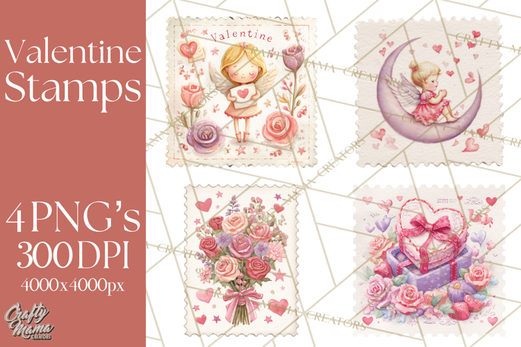 Vintage Valentine Postage Stamps, Cherubs, Hearts, Roses PNG