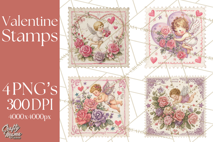 Vintage Valentine Postage Stamps, Cherubs, Hearts, Roses PNG