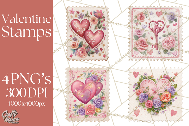 Vintage Valentine Postage Stamps, Cherubs, Hearts, Roses PNG