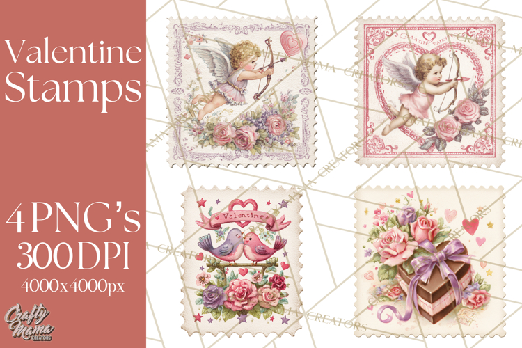 Vintage Valentine Postage Stamps, Cherubs, Hearts, Roses PNG