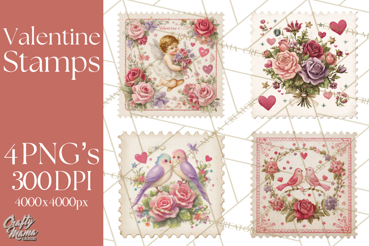 Vintage Valentine Postage Stamps, Cherubs, Hearts, Roses PNG