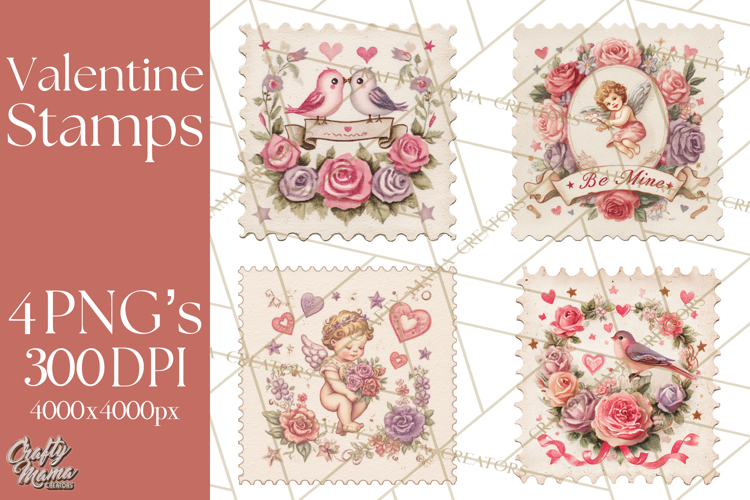 Vintage Valentine Postage Stamps, Cherubs, Hearts, Roses PNG