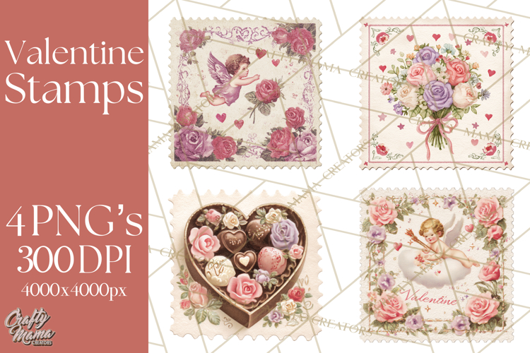 Vintage Valentine Postage Stamps, Cherubs, Hearts, Roses PNG