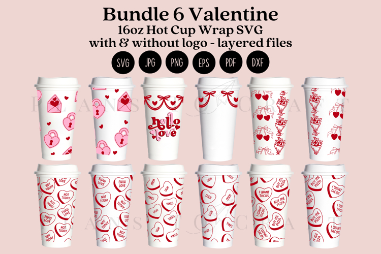 Bundle 6 Valentine 16oz Hot Cup Tumbler Wrap SVG