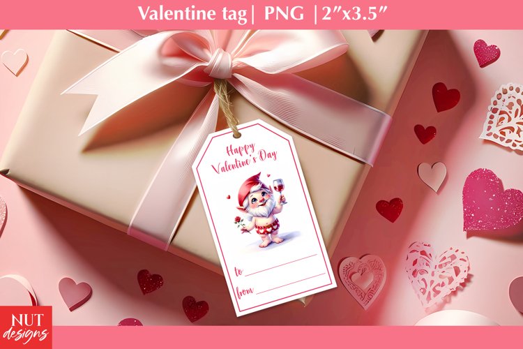 Valentine tags. Funny Valentine Gnome with wine. Gift tags example image 1