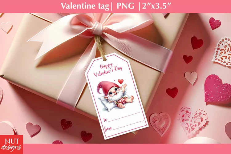 Valentine tags. Funny Valentine Gnome with pillow. Gift tags