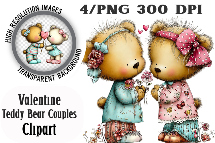 Valentine Teddy Bear Couples Clipart PNG