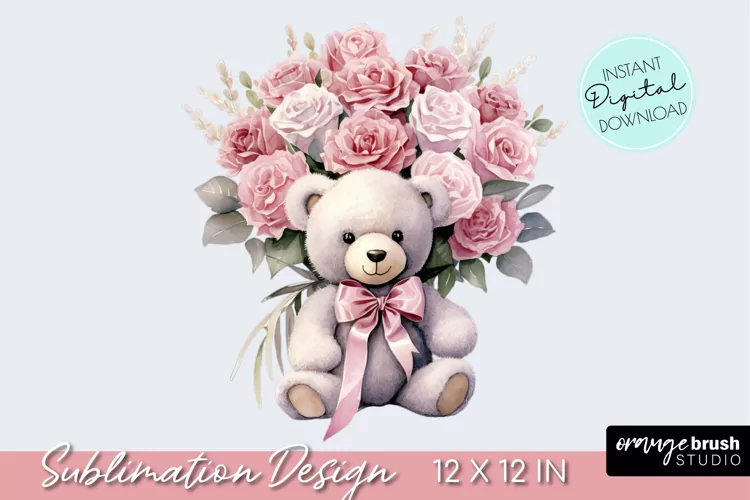 Valentine Teddy Bear Sublimation, Watercolor Clipart
