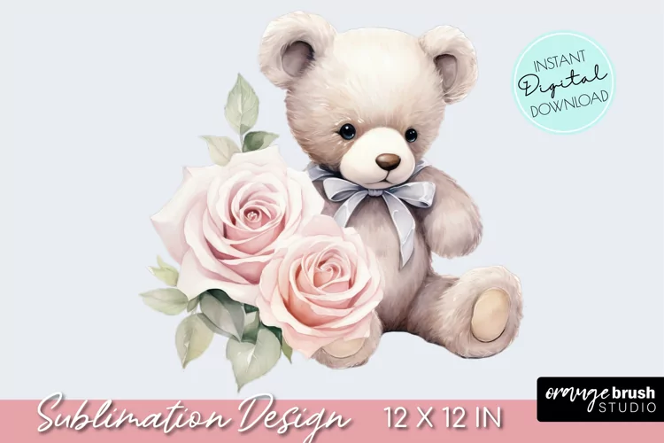 Valentine Teddy Bear, Watercolor Clipart and Sublimation