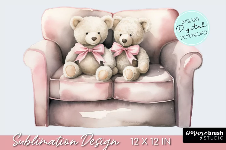 Valentine Teddy Bear Watercolor Clipart & Sublimation Design
