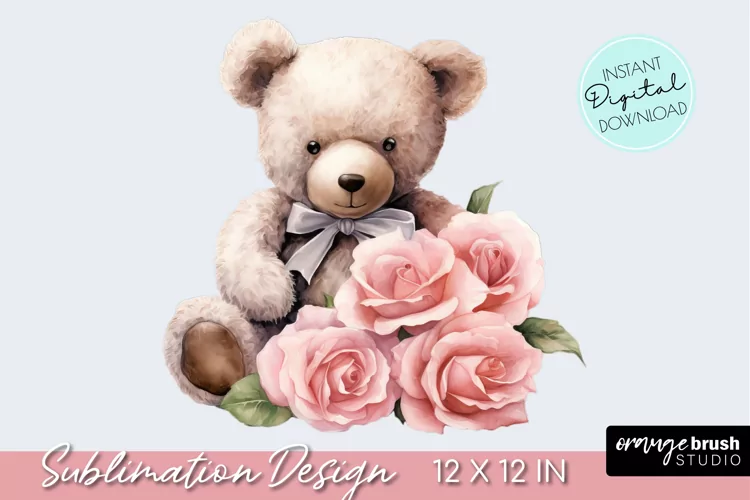 Valentine Teddy Bear Watercolor Sublimation PNG Clipart